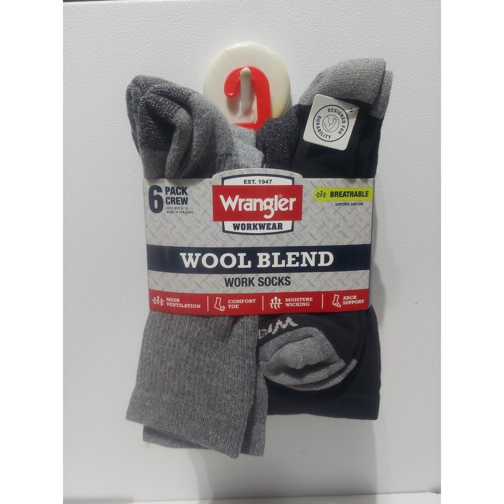 Wrangler Workwear Wool Blend Work Socks 6 Pack Crew Shoe Size 6-12 - Gray-Black